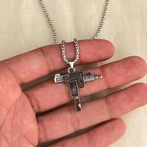 y2k 2000s heavy metal gothic gun pendant silver mini uzi chain necklace